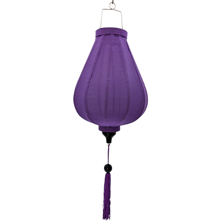 A purple polyester linen fabric hanging lantern with a metal hanging loop at the top, a black finial near the bottom, and a long purple tassel with a decorative bead.
