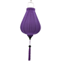 A purple polyester linen fabric hanging lantern with a metal hanging loop at the top, a black finial near the bottom, and a long purple tassel with a decorative bead.