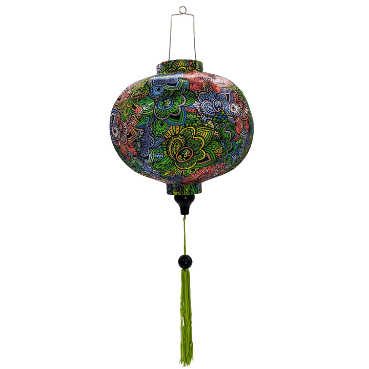 Round handmade Hoi An lantern with a dazzling mix of paisley and floral patterns, perfect for eclectic home decor.
