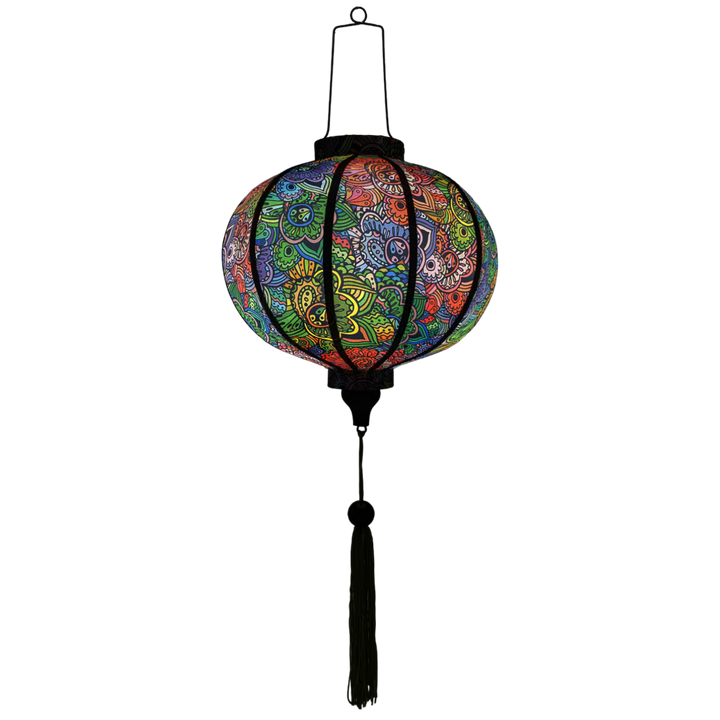 Vibrant Vietnamese silk lantern featuring swirling paisley designs in a spectrum of bright, joyful colors.
