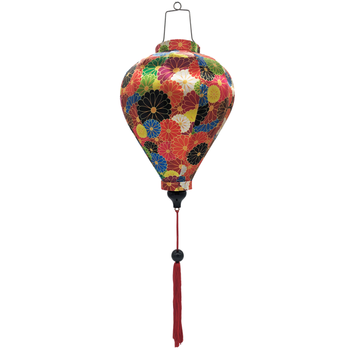 Balloon shape Vietnamese lantern featuring an intricate arrangement of multicolored flowers outlined in gold. 