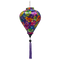 Balloon shaped lantern with purple tassel made with polyester silk fabric with green, pink, purple, orange, yellow leaves set against a rich purple background. 