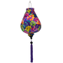 Garlic shaped lantern with purple tassel made with polyester silk fabric with green, pink, purple, orange, yellow leaves set against a rich purple background. 