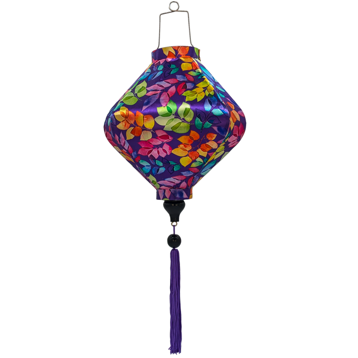 Lozenge shaped lantern with purple tassel made with polyester silk fabric with green, pink, purple, orange, yellow leaves set against a rich purple background. 