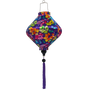 Lozenge shaped lantern with purple tassel made with polyester silk fabric with green, pink, purple, orange, yellow leaves set against a rich purple background. 
