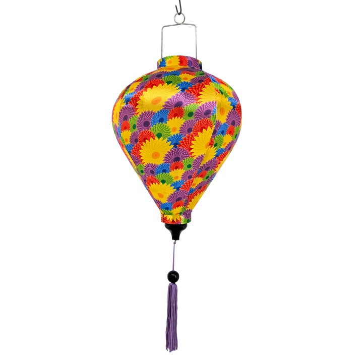 Colourful hanging lantern with a fractal pattern and purple tassel.