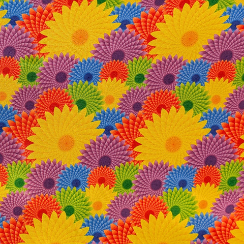 Colourful layers of a flower fractal pattern in yellow, red, purple, blue and green.