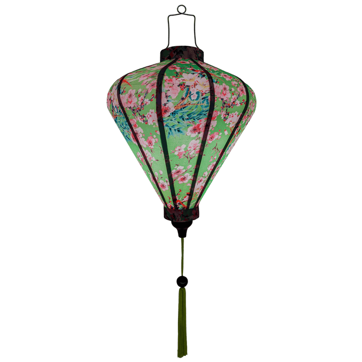 Glowing silk lantern with red-headed woodpecker birds sitting in cherry blossom trees on a bright green background.