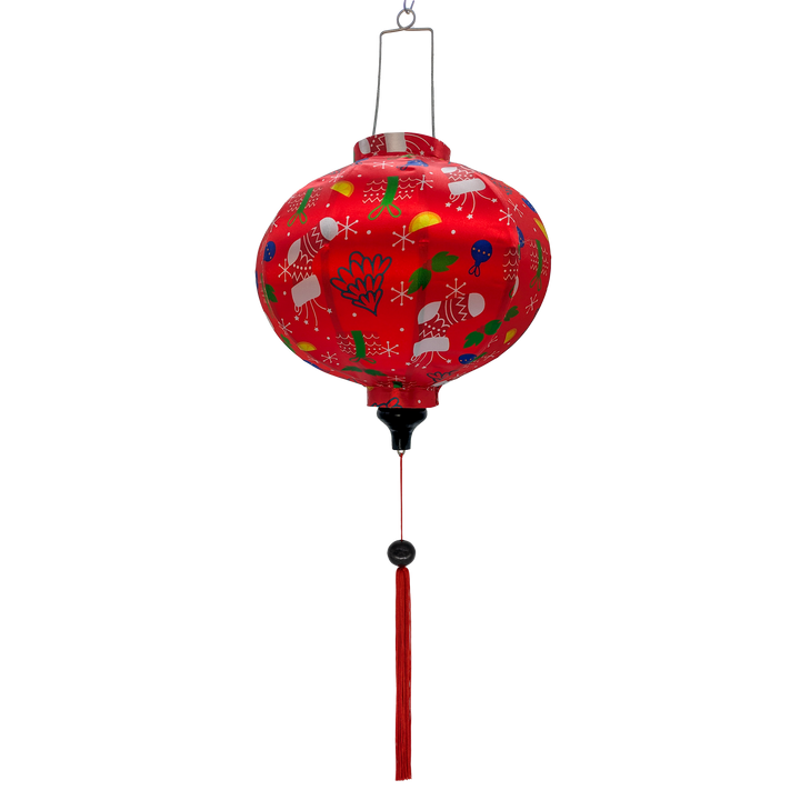 Round Vietnamese silk lantern with Christmas print on red silk. Brighten up your space and embrace the holiday magic!