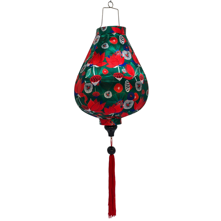 Garlic shaped Vietnamese lantern with print of red lotus flowers with against a deep, rich green background.