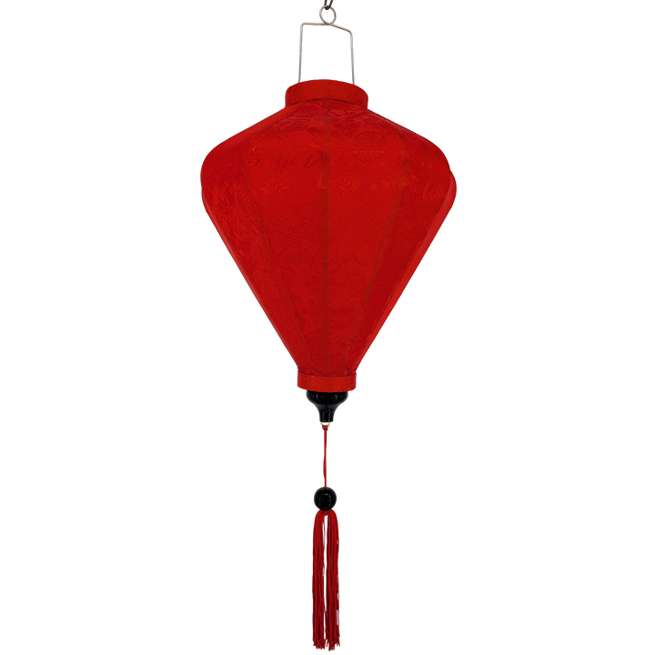 Red Jacquard silk Vietnamese lantern in a Diamond shape with a tassel
