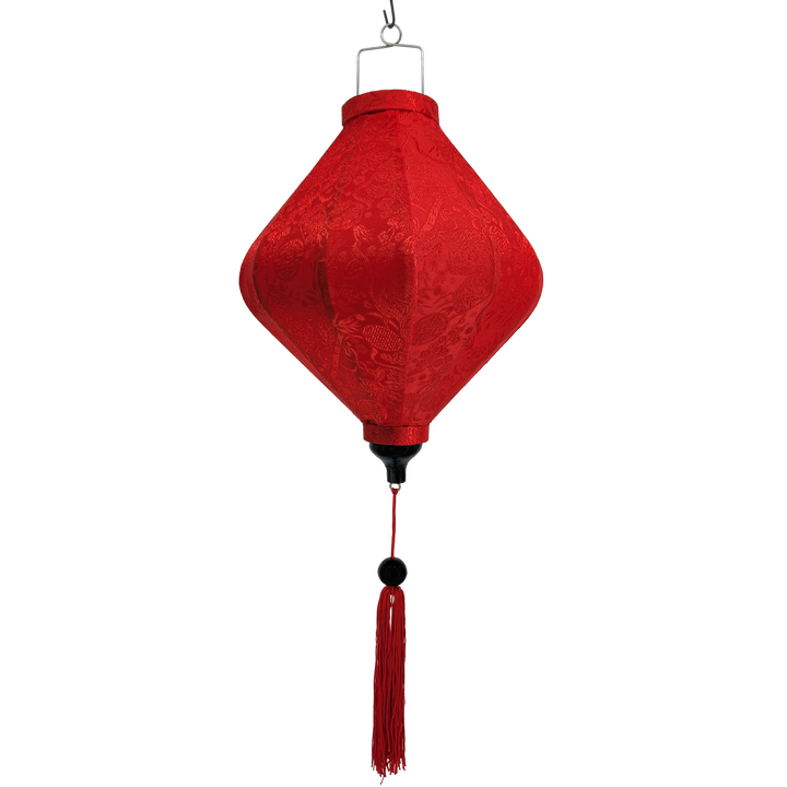 Red Lozenge shaped jacquard silk lantern with tassel on a white background