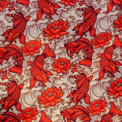 Pattern of orange koi fish and lotus flowers on a champagne gold background