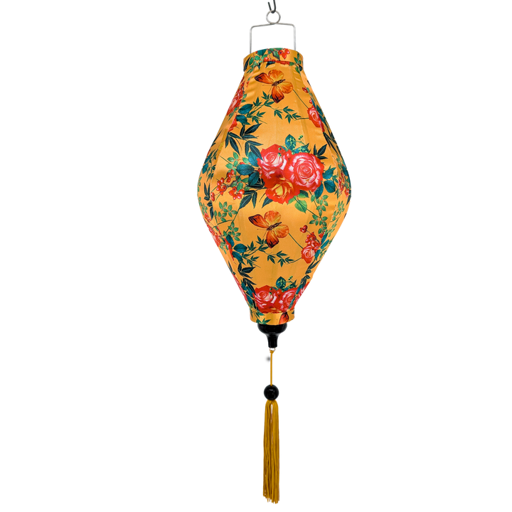 Tube shape hanging lantern with floral pattern and butterflies on a yellow background