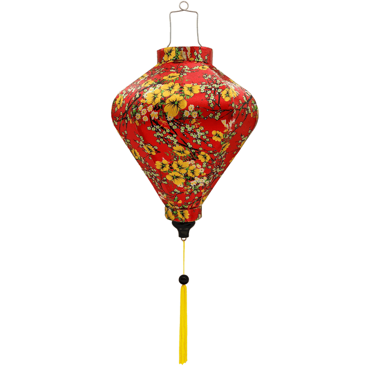 Diamond shape Vietnamese lantern with yellow tassel and red silk print of yellow flower blossoms with hints of green and white.