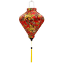 Diamond shape Vietnamese lantern with yellow tassel and red silk print of yellow flower blossoms with hints of green and white.
