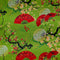 A vibrant fabric design featuring a green background adorned with red folding fans decorated with delicate plum blossoms. The pattern also includes intertwining black branches with red and yellow flowers, as well as golden circular motifs with intricate geometric designs. Scattered peach blossoms and subtle brushstroke-like details add to the traditional Asian aesthetic.