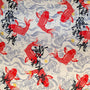 Pattern of red koi fish and black Chinese characters on a beige background