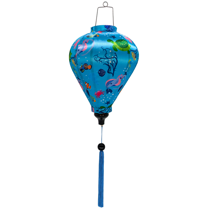 Balloon shape Vietnamese silk lantern with bold and colourful design features a lively array of sea creatures including turtles, dolphins, clownfish, seahorses, jellyfish, and crabs. 