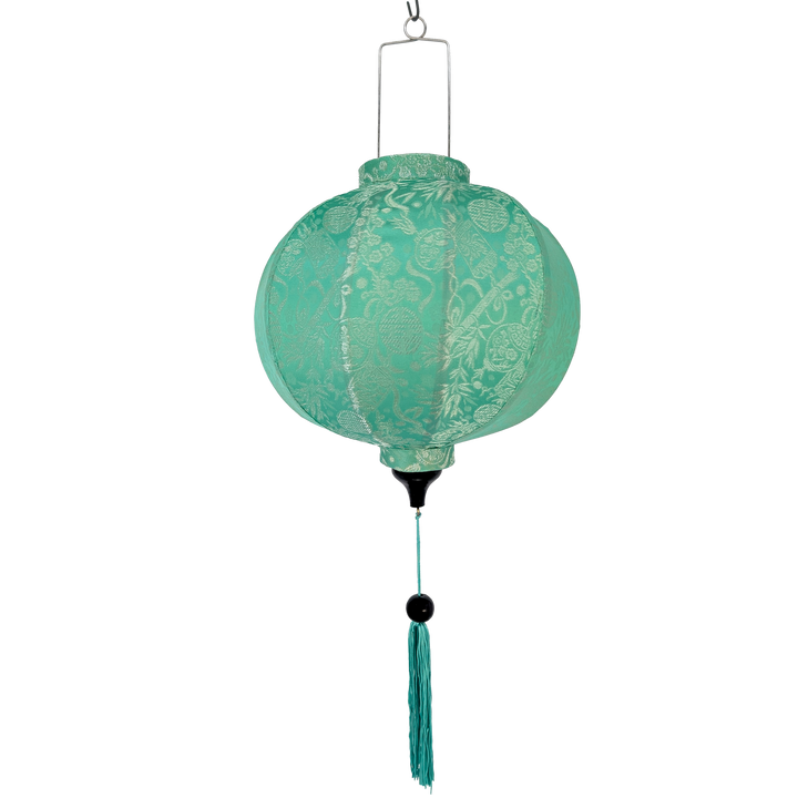 Round sea green Vietnamese jacquard silk lantern with tassel