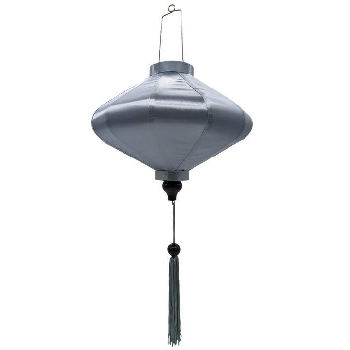 UFO shaped Vietnamese Hoi An Lantern with grey tassel in grey polyester silk fabric.