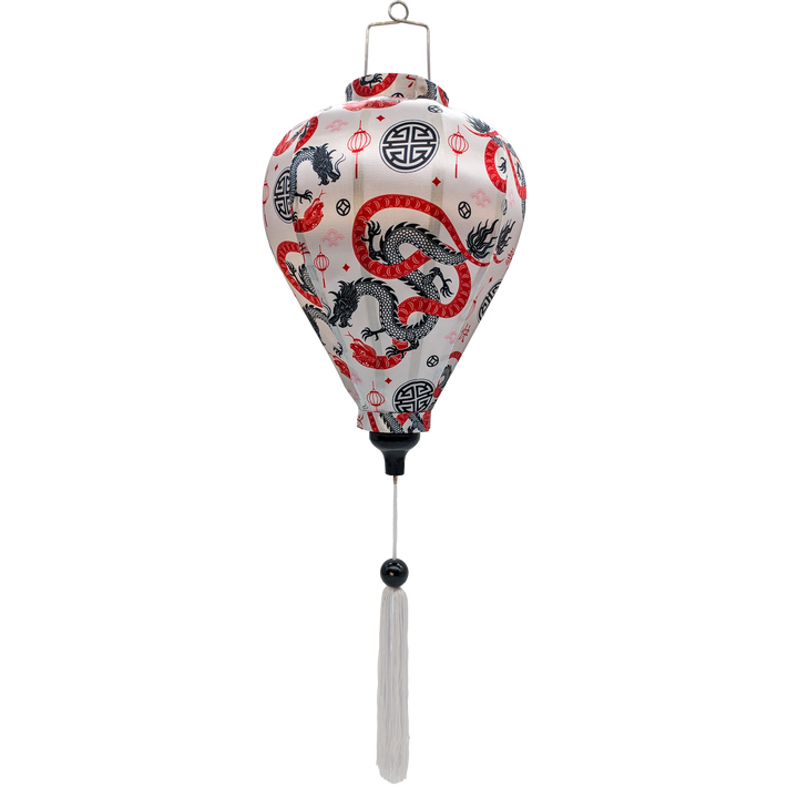 A balloon shaped lantern featuring entwined red serpentines and black dragons surrounded by lanterns, symbols, and swirls against white background.