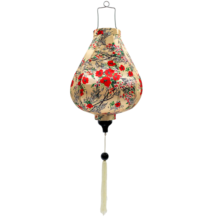 Garlic shape Vietnamese silk lantern featuring a delicate floral print of red blossoms and elegant black branches on a cream background. 