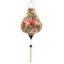 Garlic shape Vietnamese silk lantern featuring a delicate floral print of red blossoms and elegant black branches on a cream background. 