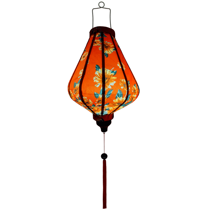 Glowing handcrafted Hoi An silk lantern featuring a bold red fabric adorned with vibrant sunflower patterns. 