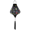 Glowing Teardrop shaped Vietnamese Hoi An lantern with flying swallows set against a bold black backdrop adorned with diamonds and yellow daisy flowers. 