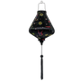 Teardrop shaped Vietnamese Hoi An lantern with a print of flying swallows with striking red and blue wings set against a bold black backdrop adorned with diamonds and yellow daisy flowers. 