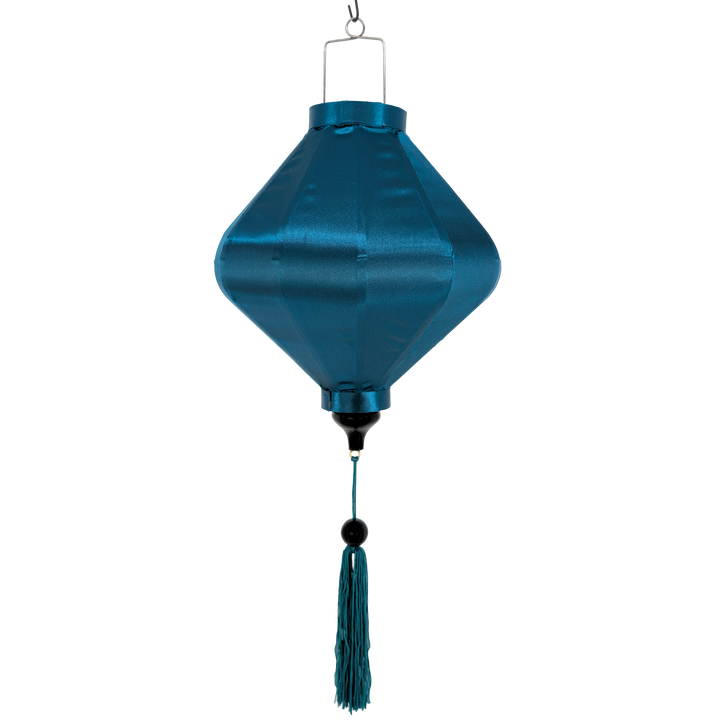 Lozenge shaped Teal plain silk lantern hanging with teal tassel.