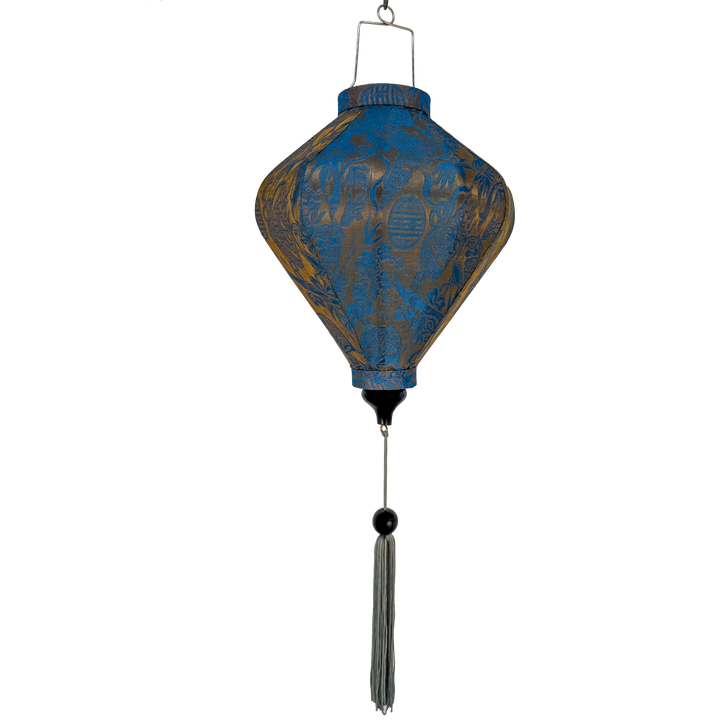 Blue and gold hanging lantern with grey tassel.