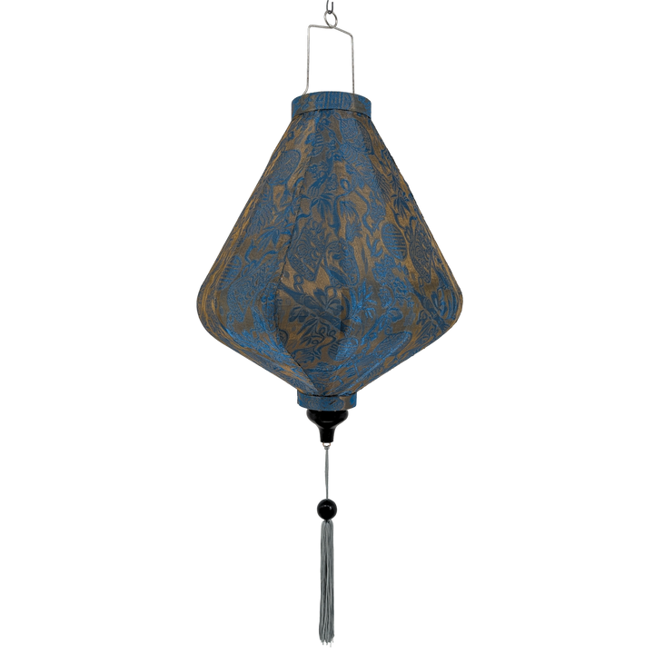 Teardrop shaped lantern with blue and gold pattern.