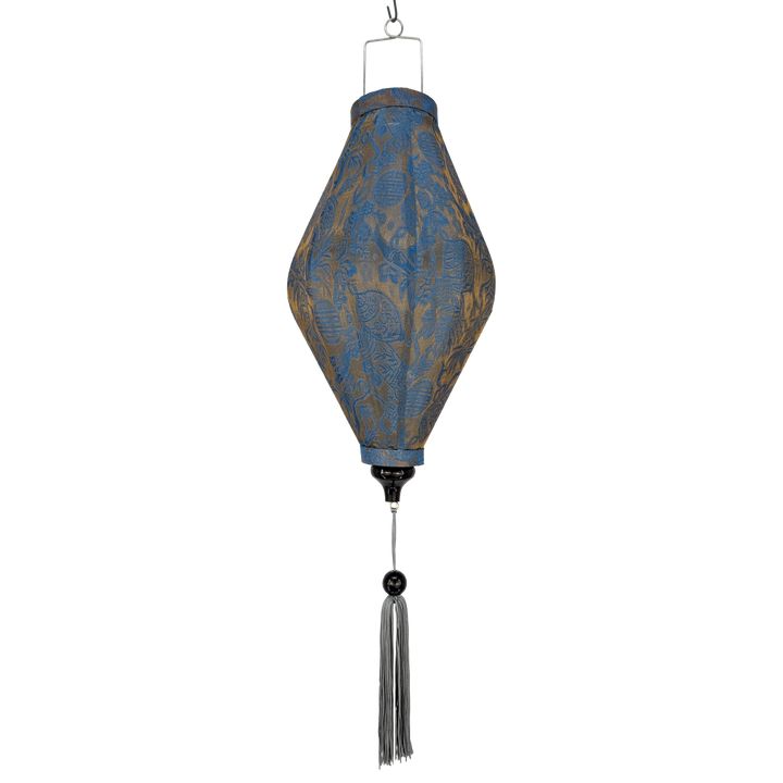 Tube shaped gold and teal jacquard silk lantern with grey tassel.
