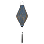 Tube shaped gold and teal jacquard silk lantern with grey tassel.