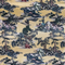 A close up of polyester silk fabric featuring a print of mountains, trees, temples, men in boats, and large rocks. A beautiful palette of light pinks and purples against a serene creamy background.