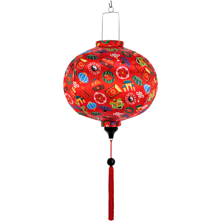 Lunar New Year Vietnamese Silk Lantern with festive patterns on a red background