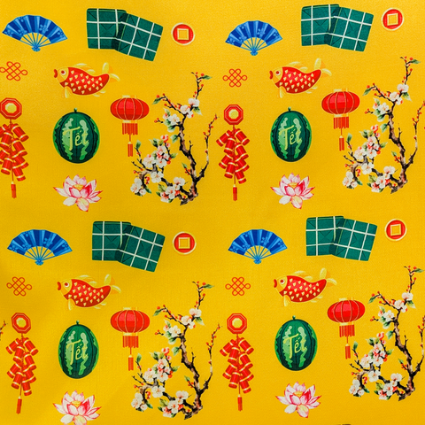 Traditional Tet / Lunar New Year patterns on a yellow background