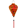 Balloon shape Vietnamese lantern with print of yellow flowers and firecrackers on red silk fabric.