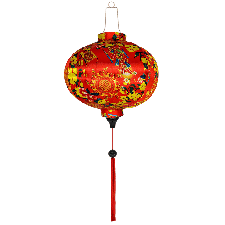 Round shape Vietnamese lantern with print of yellow flowers and firecrackers on red silk fabric.