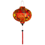 Round shape Vietnamese lantern with print of yellow flowers and firecrackers on red silk fabric.