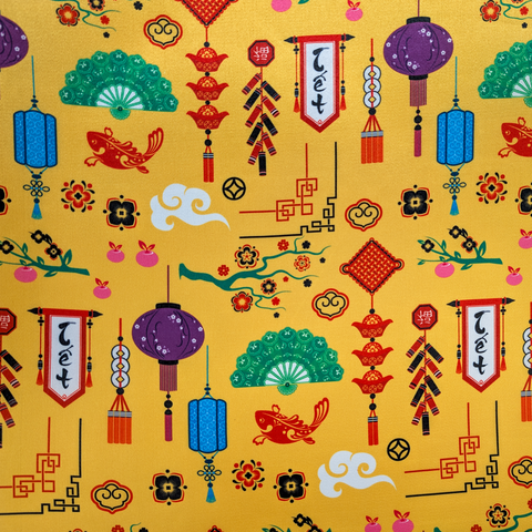 Colourful traditional Lunar New Year motifs on a yellow background.