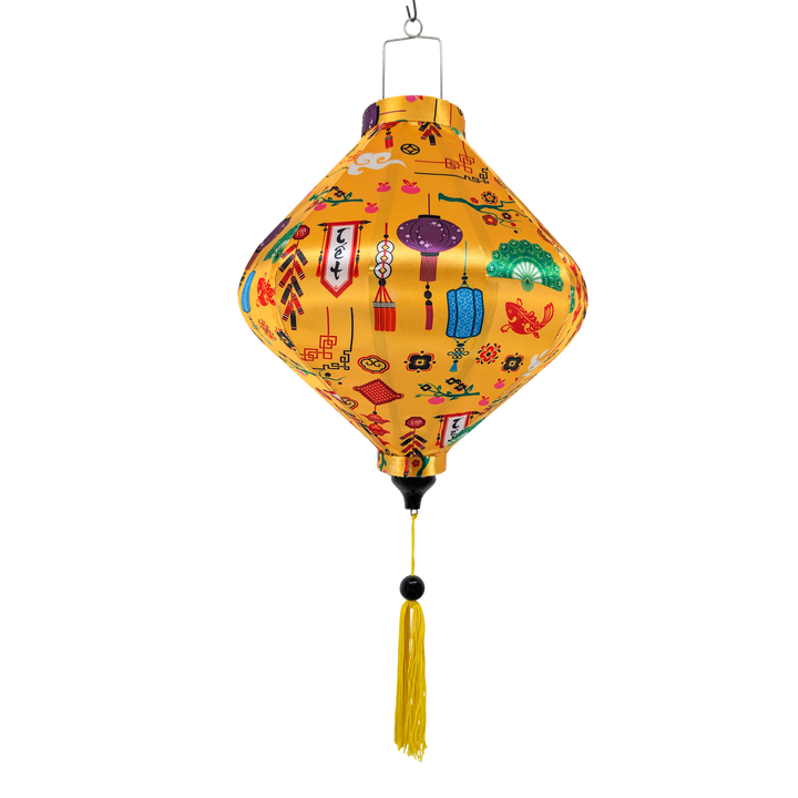 Lozenge shaped yellow lantern with matching yellow tassel in Lunar New Year themed design.
