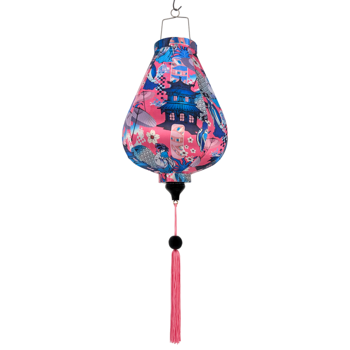Japanese inspired design with geishas and temples against pink silk with matching pink tassel