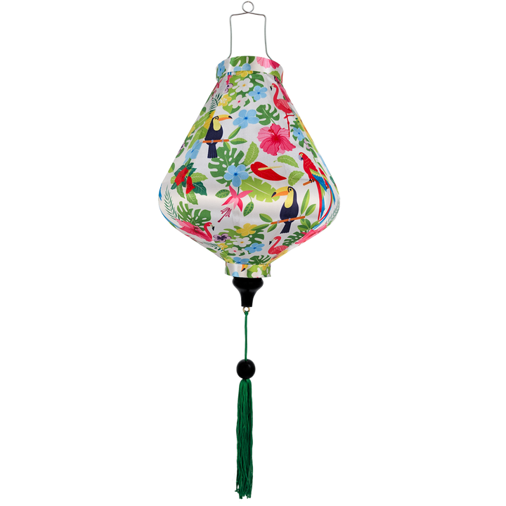 Teardrop shape lantern with toucans, parrots and floral tropical pattern on a white background with green tassel