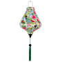 Teardrop shape lantern with toucans, parrots and floral tropical pattern on a white background with green tassel