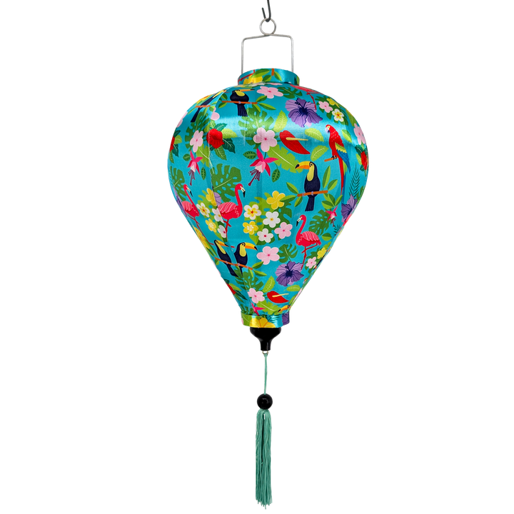 Balloon shaped lantern with tropical bird and flower design on a teal blue background