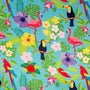 Colourful tropical print with flamingos, toucans, and parrots on a teal blue background.