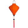 Diamond shape neon orange Vietnamese silk lantern glowing under UV light creating a UV glow.